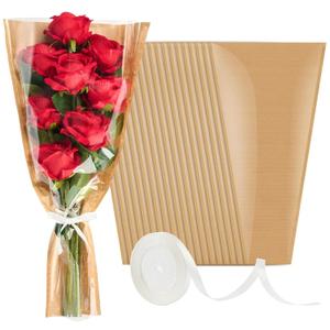 Mauproy 50 Pack Flower Bags for Bouquets, Flower Wrapping Paper Kraft Floral Wrap Sleeves with Ribbons for Mother's Day Florist Supplies Wedding (17.7 x 9.5 Inches)