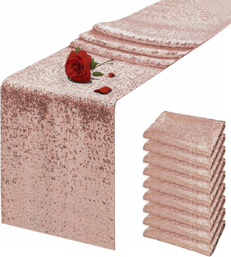 10 Packs 12 x 72 inches Rose Gold Sequin Table Runner, Glitter Runner for Birthday Party Supplies Wedding Holiday Celebration Baby Shower Engagement Anniversary Decor