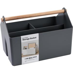 BLUE GINKGO Medium Storage Basket Plastic Caddy with Wooden Handle for Office, Arts & Crafts, or Home Supplies (Gray)