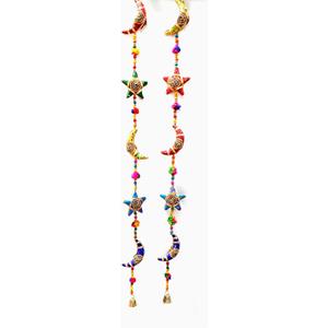 Handmade Moon Stars Cotton Stuffed Rajasthani & Gujarati Traditional Door Hanging Pair Decorative Ladi, Latkan in Vibrant Colors for Home Decor, Office Decor, Wall, Window