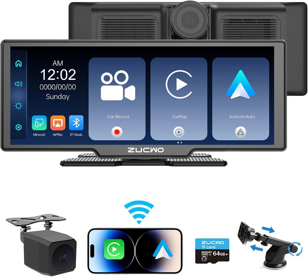 10.26 Inch Wireless CarPlay Screen for Car, Apple CarPlay & Android Auto Touch Screen with Rear Camera, BT Music, Navigation, Voice Control for Vehicles (Black)