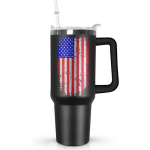 Ceovfoi American Flag Tumbler with Handle,40 oz Dad Vacuum Insulated Stainless Steel Travel Tumblers,Patriotic Military Gifts For Veterans, Police, Fathers Day, 4th of July