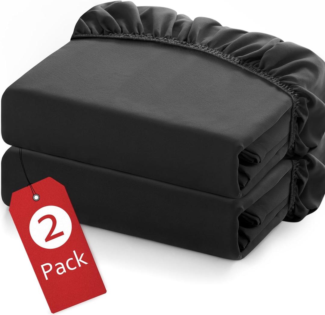 Twin Fitted Sheets 2 Pack Only, Mattress Up to 14 Inches Deep Pocket, Ultra Soft and Breathable Twin Bed Sheets, Long Lasting Single Fitted Sheets, Black