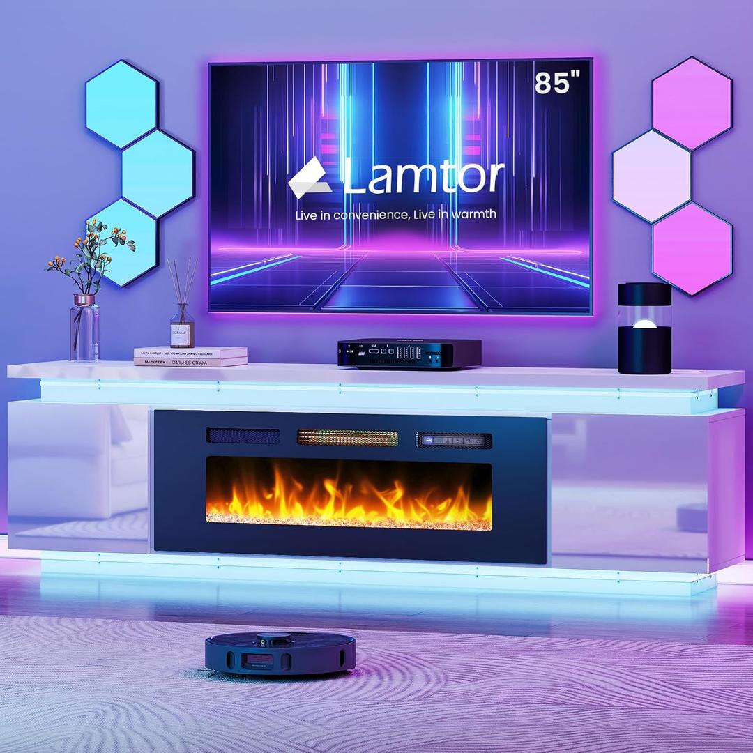 Fireplace TV-Stand with 40" Fireplace - 2 LED Light TV-Stand for 85 inch TVs, Entertainment Center with 4 AC Power Outlets, Storage 2 Tier TV Consoles Stand for Living Room, Easy Assembly, Light White