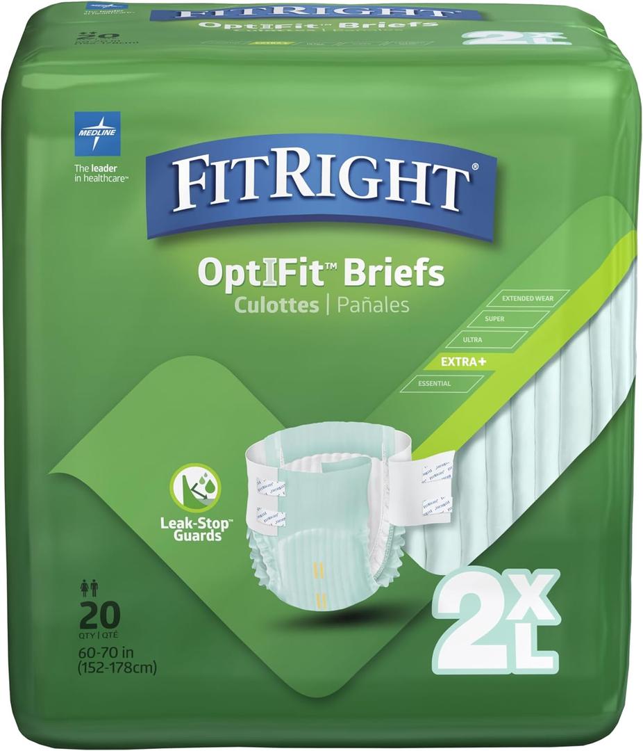 FitRight Adult Diapers, Extra+ Heavy Absorbency, 2XL (Waist Size 60in-70in), 80 Count, OptiFit Incontinence Briefs for Men and Women, Disposable, Moisture-Wicking, Leak Protection