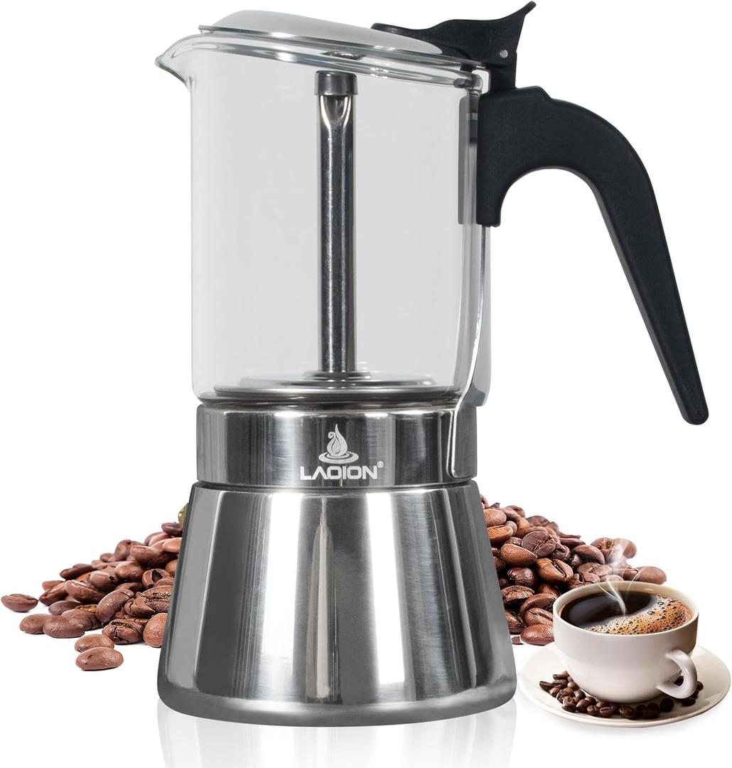 LAOION Stovetop Espresso Maker, 9Cup 360ml Moka Pot, Crystal Glass-top & Stainless Steel Coffee Maker Mocha Pot, Greca De Cafe, Cuban and Italian Coffee Maker for Cafetera Cubana (Silver)