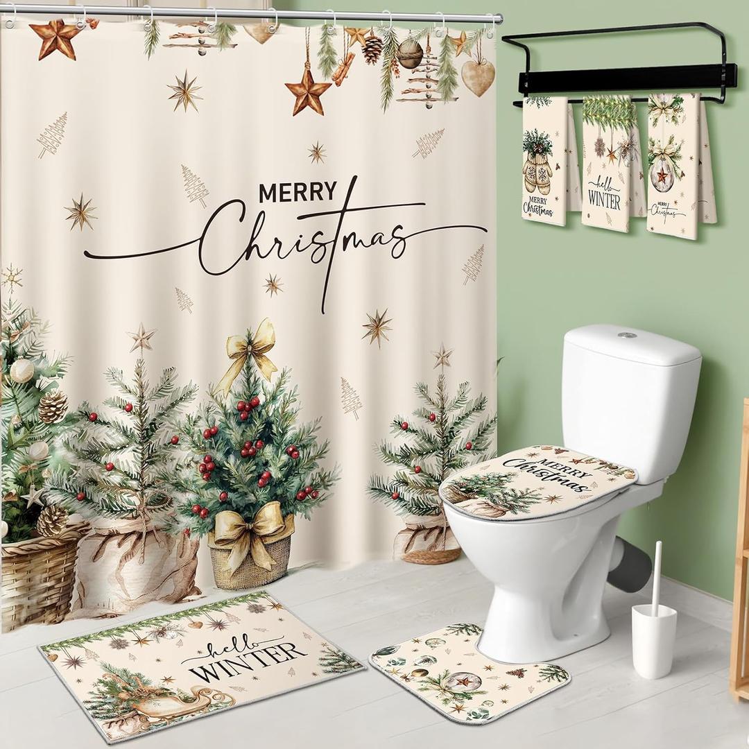 7 Pcs Christmas Bathroom Decor Holly Pine Cone Shower Curtain Set Rustic Farmhouse Xmas Waterproof Shower Curtain with Non Slip Rug Towel Toilet Lid Cover Bath Mat and 12 Hook for Home (Beige)