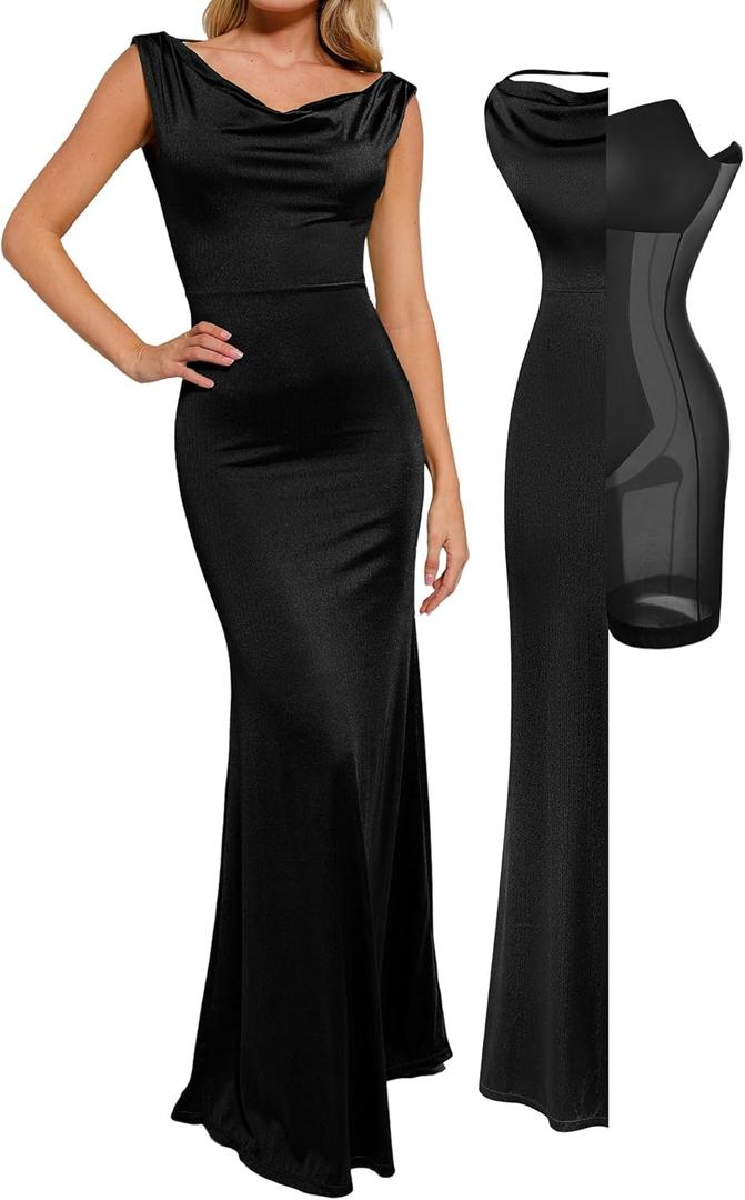 Popilush Women Shapewear Maxi Dress - Sleeveless Long Formal Cocktail Party Elegant Bodycon Dresses Built-in Bra (Large, Black)