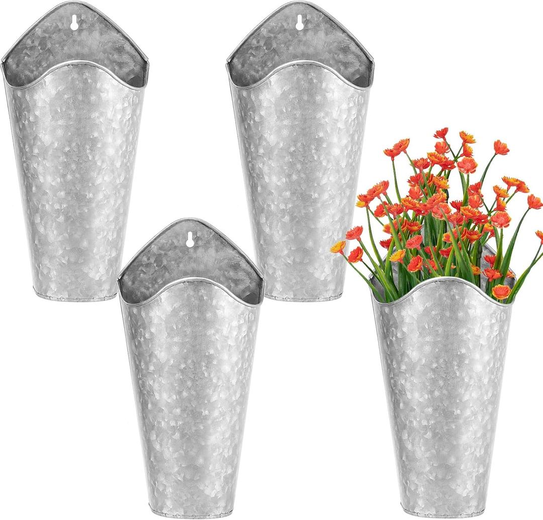 4 Pack Galvanized Metal Wall Planter, 12 Inches Tall Tin Wall Planter, Galvanized Hanging Bucket Wall Vase Planters for Rustic Home Wall Decoration and Artificial Plants, Silver