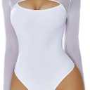 Avidlove Bodysuits for Women Round Neck Shapewear Bodysuit Long Sleeve Bodysuit Sexy Mesh Top Double Lined Cutout Shirt S