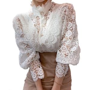 Womens Elegant Lace Trim Shirts Casual Victorian Blouse Long Sleeve Button Down Tops (Small, White)