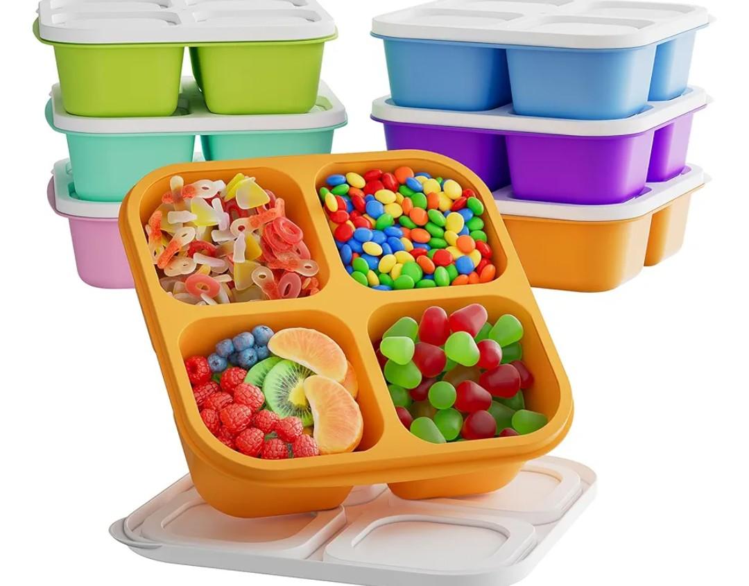 KEMETHY 6 Pcs Bento Snack Containers, Reusable 4 Compartment Food Storage Container with Lids, Divided Lunchable Container, Freezer, Microwave & Dishwasher Safe (6 Color)