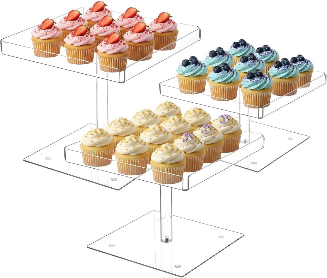 3Pc Acrylic Dessert Table Display Stands Set, Clear Dessert Stand, Buffet Risers Holder for Cupcakes Desert Pastry Food Treat Tier Cookie Serving Trays Stand for Wedding Birthday Baby Shower Tea Party