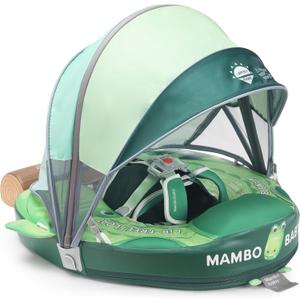 Mambobaby Float Upgrade Add Tail Baby Float with Canopy for Infant Waist Swimming Ring Swim Trainer Non-Inflatable Floats Toys with Adjustable Safety Strap (Green - Crocodiles)