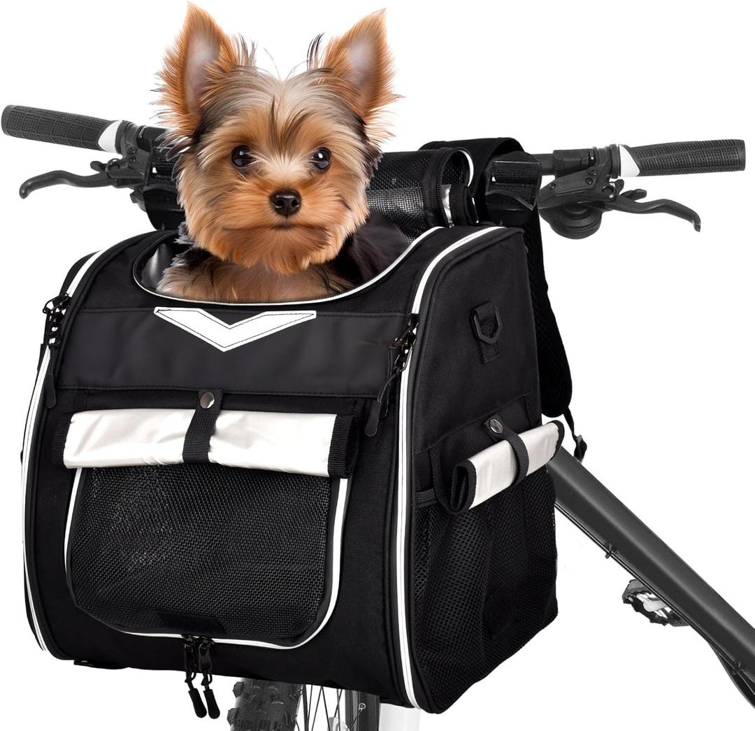Dog Bike Basket, Foldable Pet Bike Carrier Backpack with Safety Strap, Waterproof Pet Bike Basket Suitable for Small Cats Kitten Puppy Dogs New Black (New Version in Black)