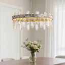 SNZ Gold Modern Round LED Crystal Chandelier, 17in Chandelier Light Fixture with Natural Shell Inlay, 3 Colors Stepless Dimmable Chandeliers for Kitchen Island Bedroom Living Room