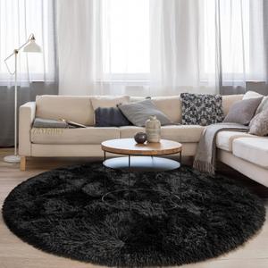 FlyDOIT Black Round Rug for Bedroom, Super Fluffy Circle Rugs for Baby Nursery, 5'X5' Feet Furry Carpet for Children Kids Room, Cute Soft Shaggy Rug for Girls Home Decor, Fuzzy Plush Carpets for Dorm