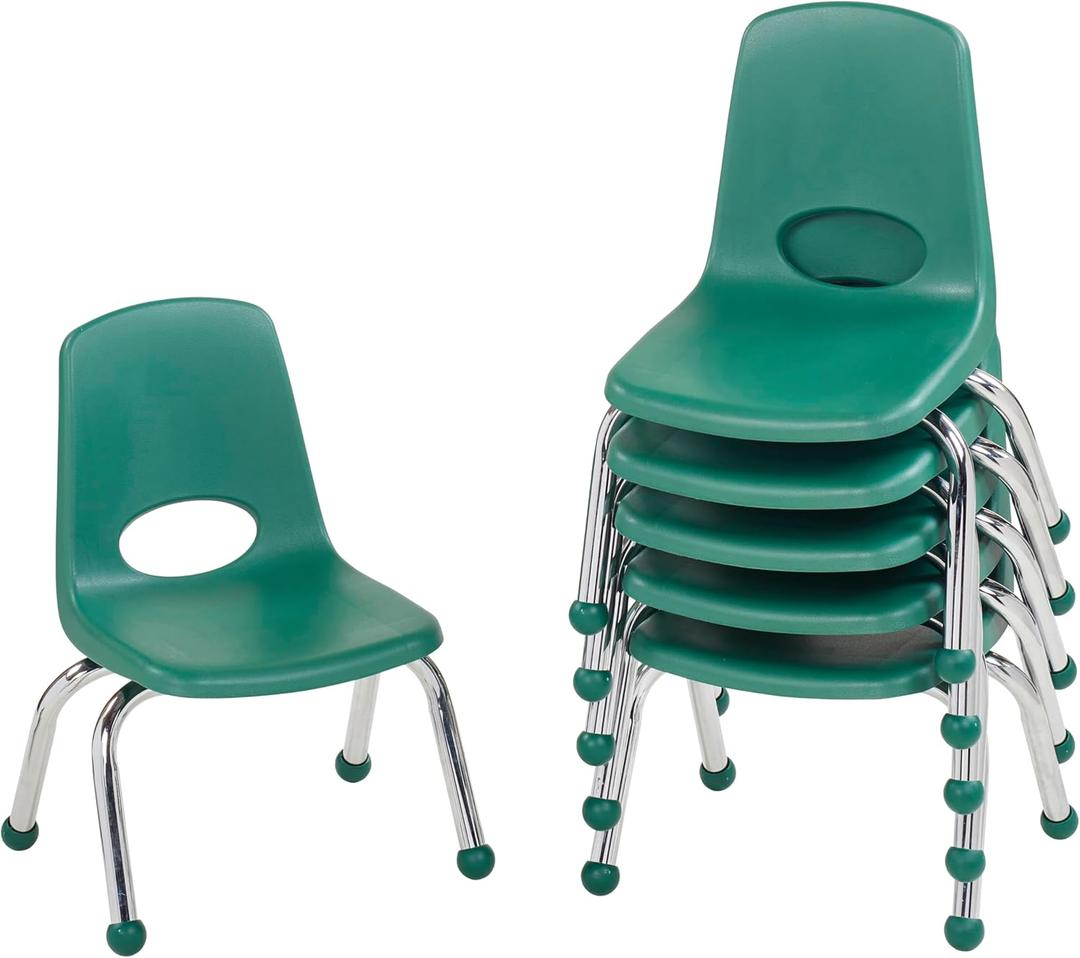 FDP 10" School Stack Chair,Stacking Student Seat with Chromed Steel Legs and Ball Glides For In-Home Learning or Classroom - Green (6-Pack), 10355-GN