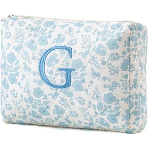 HBselect Initial Quilted Makeup Bag, Cotton Large Travel Makeup Bag, Cute Floral Coquette Make up Bag Cosmetic Bag Toiletry Bag for Women Girls G, 9.5 x 6.3 x 6.3 in