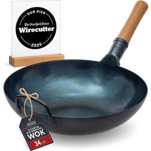 YOSUKATA 34 cm Pre-Seasoned Flat Bottom Blue Carbon Steel Wok for Stir Fry