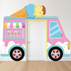 Ice Cream Truck Shaped Porch Sign Banners Ice Cream Birthday Party Hanging Backdrop Sweet Dessert Door Decoration Background Summer Photo Props Party Decor for Girl Baby Shower Wall Home Supplies