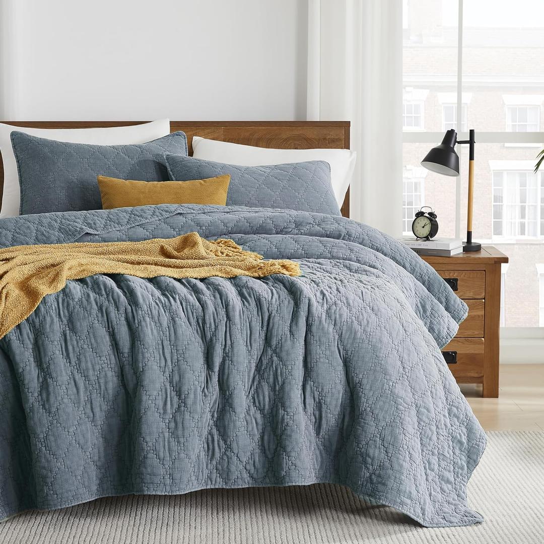 palassio Blue Grey Queen Size Quilt Set, Muslin Cotton Shell Down-Alt Poly Filling, Soft Shabby Chic Rustic Farmhouse Country Bedspread, Textured Gauze Coverlet, Lightweight Bedding, 2 Shams