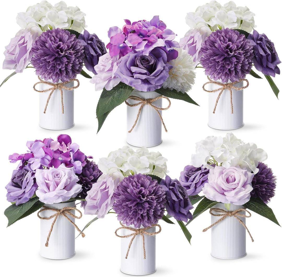 Zeyune 6 Sets Artificial Spring Centerpiece for Tables Fake Purple Plants with Galvanized Pots Farmhouse Purple Flowers Bouquet for Wedding Home Office Rustic Decor