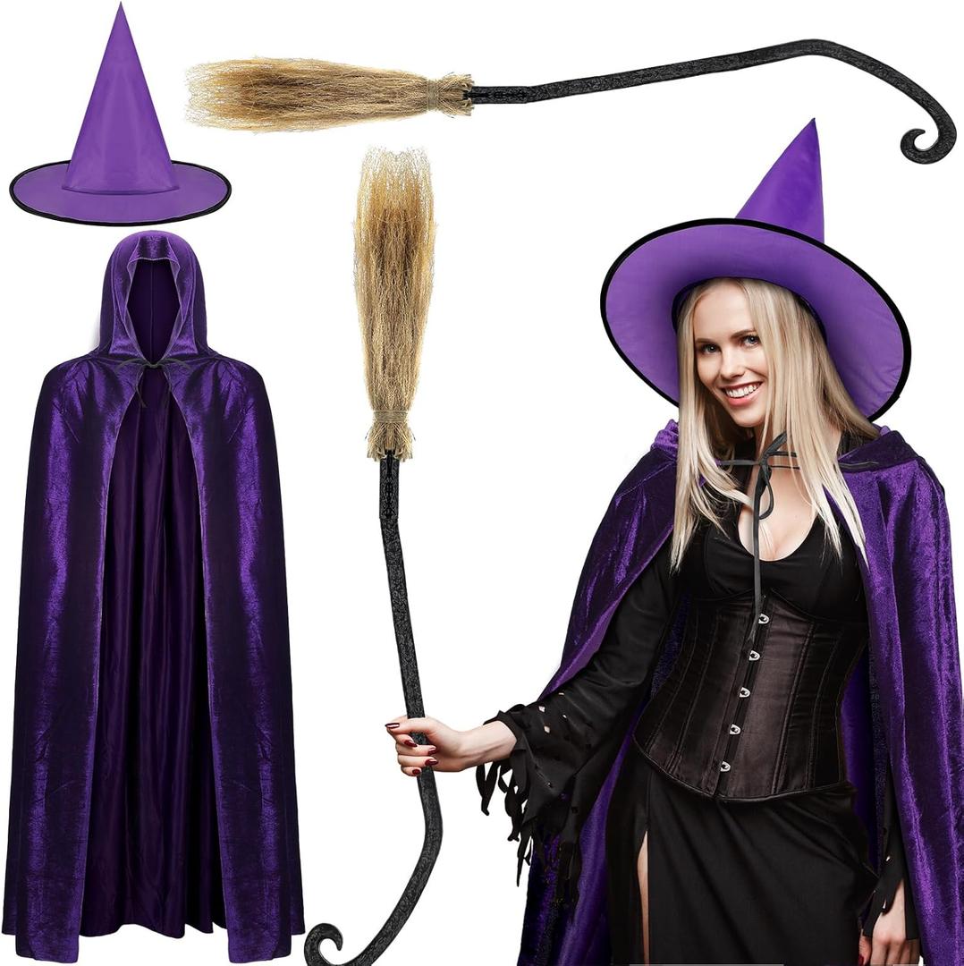 Jiuguva 3 Pcs Halloween Witch Costume - Unisex Velvet Hooded Cloak, Wizard Broom, Hat for Adult Cosplay Party (Purple)