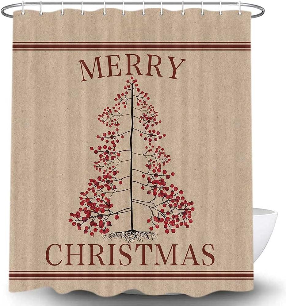Christmas Shower Curtains for Bathroom, Rustic Classic Christmas Trees Holiday Shower Curtain Set, Country Primitive Farmhouse Bathroom Accessories Decor, Hooks Included (69W X 72H) (Red)