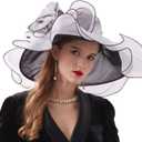 Women's Derby Church Hat Bridal Tea Party Wedding Party Sun Hat with Detachable hat Flower as Fascinators, White