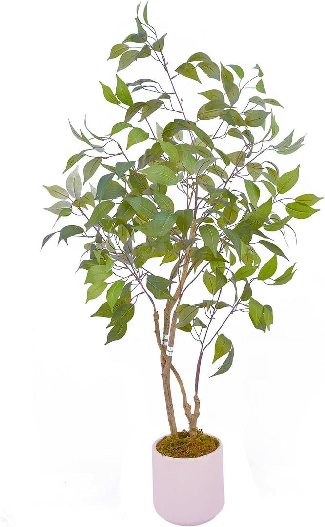 Artificial Fake Ficus Tree 4FT Tall 1Pack with String Lights & White Planter & Free Moss, Artificial Plants Indoor, Artificial Trees for Home Decor Indoor, Faux Ficus Tree