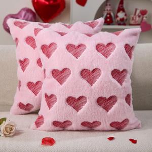 DFXSZ Valentines Pillow Covers 18x18 inch Set of 2 Valentines Day Decoration Red Embroidery Heart Soft Plush Faux Fur Jacquard Pink Throw Pillowcase for Bedroom Sofa Holiday Home Decor PTK073B18