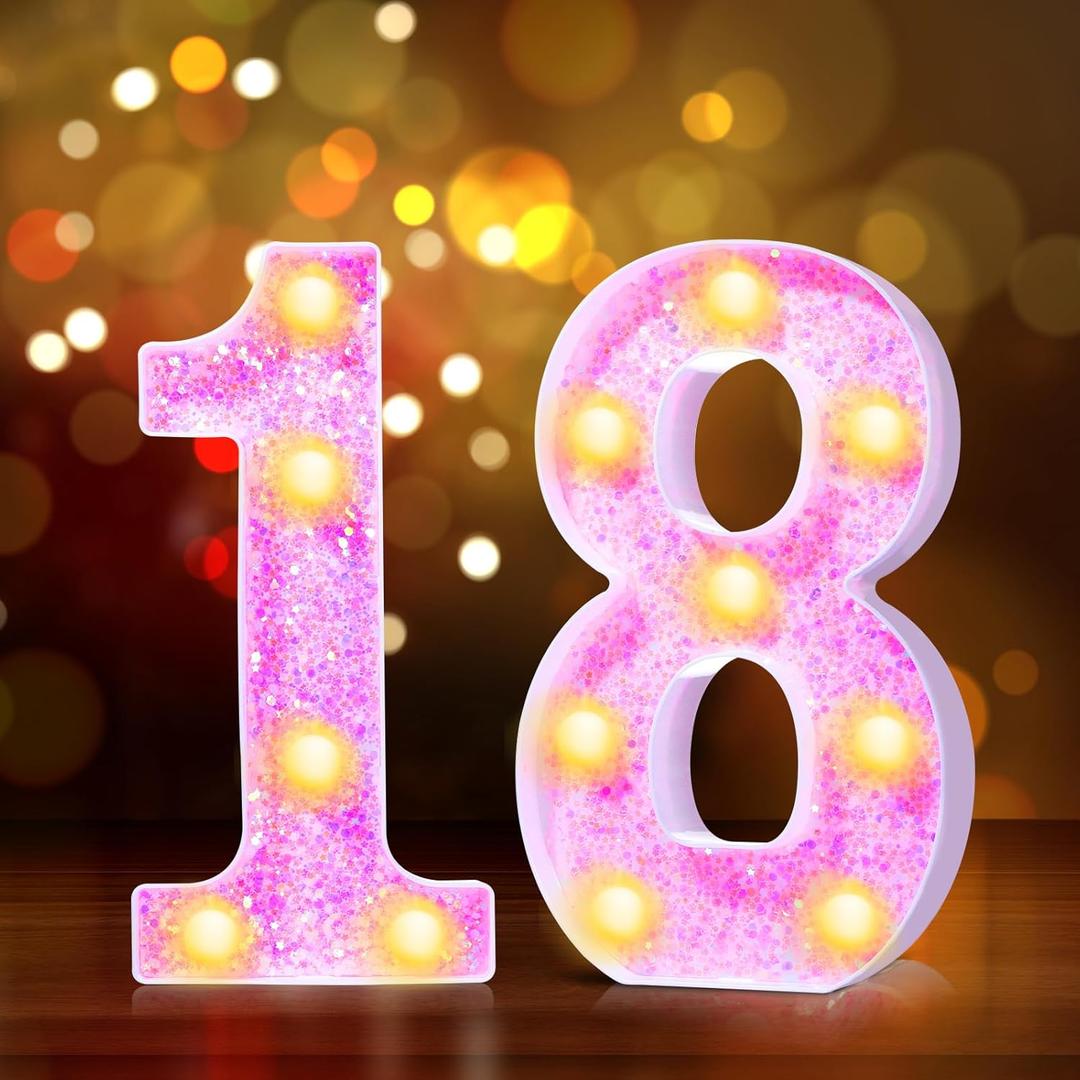 Rumia 8.6 Inch Pink 18 Decorative LED Light Up Numbers Glitter 18 Numbers Signs for Night Party Decorations 18 Led Sign for 18th Birthday Anniversary Wedding Party Supplies (Battery Not Included)