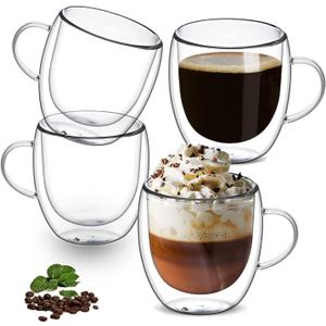 8 oz/250ml Double Walled Glass Coffee Mugs, Clear Coffee Cups and Mugs Set of 4, Cappuccino Latte Macchiato Glasses Cups with Handle, Espresso Mug Cups for Latte, Hot/Cold Drink