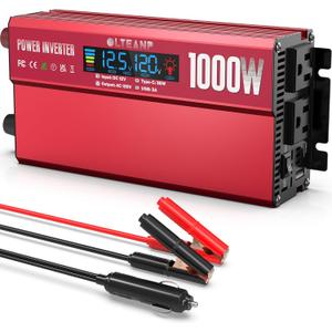 OLTEANP 1000W Power Inverter with LCD Screen Display, 2 AC Outlets, 36W Type-C Port, 5V/3A USB Port, 12V DC to 110V/120V AC Inverter for Truck, Home, Vehicles, Laptop, Trip (Red)