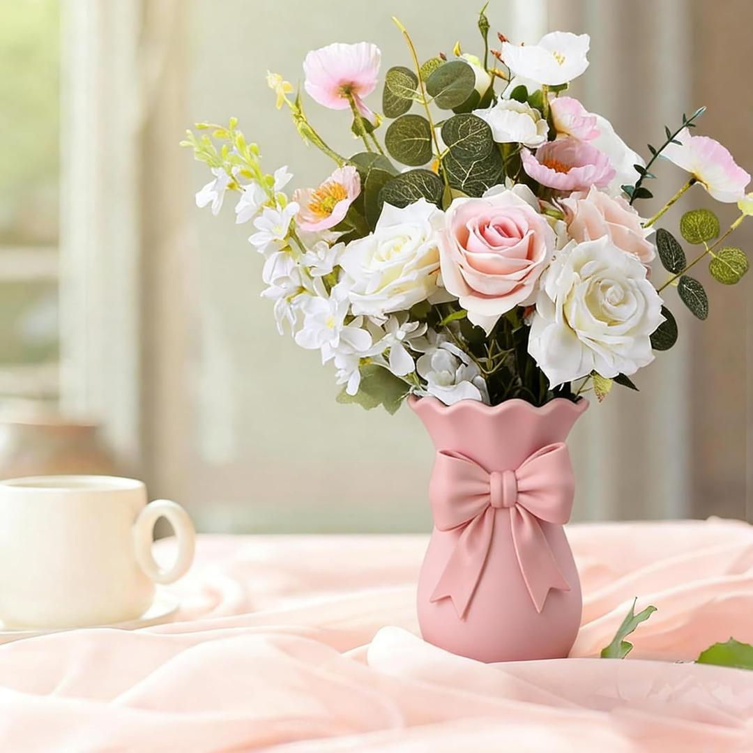 Pink Bow Vase for Home Decor 5.78 Inch Cute Coquette Gifts for Women Girls Shabby Chic Decorative PLA Hand Made Vases for Bouquet Flower Modern Aesthetic Living Room Wedding Decor