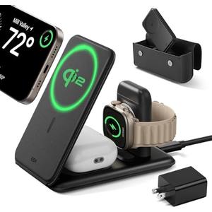 ESR Qi2 3 in 1 Charging Station for Apple, [Certified] Apple Watch Charger & Qi2 15W MagSafe Charger Stand, Travel Charger for iPhone 16/15/14/13/12 Series, Watch & AirPods, Black (Bag Included)