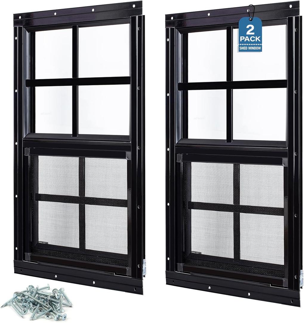 Melkus Shed Windows, 2 Pack 18"x36" Flush Mount Household Windows with Tempered Glass and Screen, Sliding Windows for Chicken Coop, Shed, Garage, Playhouse, Barn,Greenhouse, Black, 18"x36"/2pcs