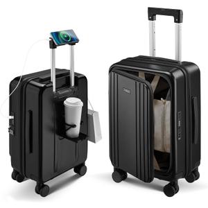 Carry On Luggage Top Opening with Cup Holder & Phone Holder, Expandable PC Hard Shell Suitcase, USB Charging Port, Side Hook, 360° Spinner Wheels, TSA Lock & YKK Zippers for Fathers Day Gift, 20 inches