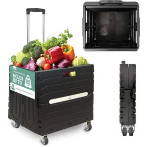 Inspired Living Collapsible Folding Utility Cart, Heavy-Duty Rolling Crate with 360° Wheels, Telescoping Handle, Hidden Lid, Holds 200 Lbs, Black