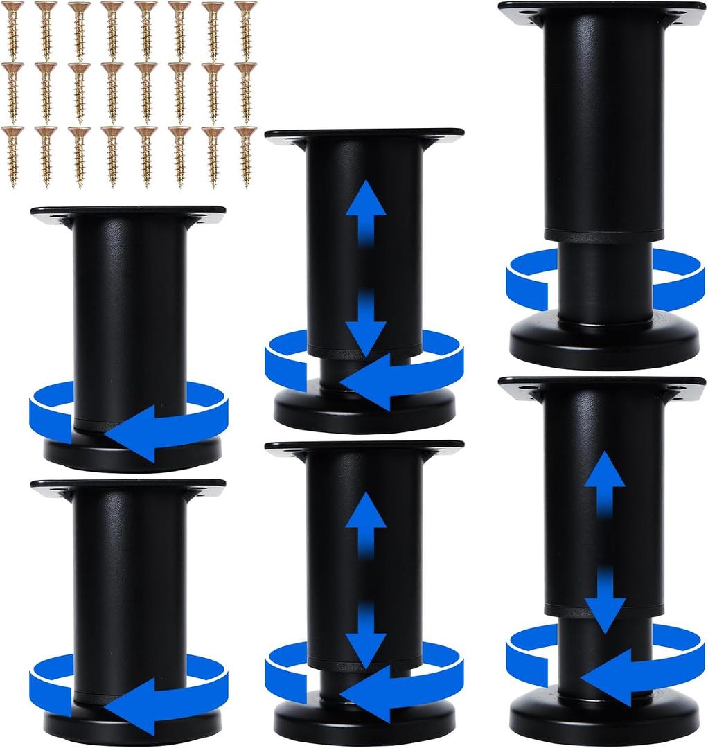 6 Pcs Adjustable Height Furniture Support Legs [with Screws] 3.15-4.72 inch, Metal Heavy Duty Furniture Replacement Legs for Chair/Bed/Sofa/Cabinet/Couch/Dresser/Bed/Table (Black)