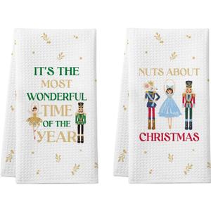 2 x Cheroloven Nutcracker Christmas Towels, 2 Pack Holiday Kitchen Dish Towels, Funny Nutcracker Xmas Bathroom Hand Towels, Christmas Kitchen Bathroom Decorations, White Elephant Gifts for Women Men