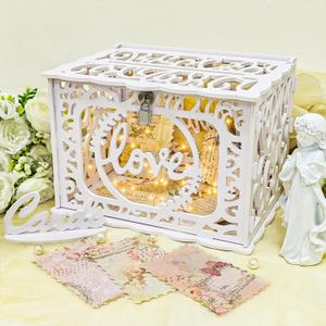 AerWo White PVC Storage Box for Wedding, 12.0 x 9.3 x 8.5 inches, Holds 300+ Cards, Waterproof, DIY Decorations, Lock & String Light Included