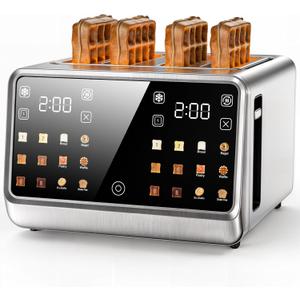 Smart Toaster 4 Slice Wide Slot Dual Digital TouchScreen & Independent Control for Family | 1800W Stainless Steel for 6 Bread Types & Toast Settings | Defrost Reheat & Single-Slice Modes