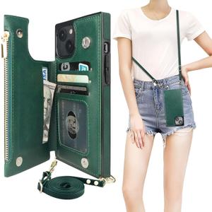 Bocasal Crossbody Wallet Case for iPhone 14 Plus with RFID Blocking Card Slot Holder, Magnetic Flip Folio Purse Case, PU Leather Zipper Handbag with Detachable Lanyard Strap 6.7 Inch 5G (Green)