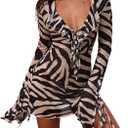 SweatyRocks Women's Zebra Print Deep V Neck Y2k Mini Dress Long Sleeve Sheer Mesh Short Dresses Beach Vacation Cover Up S