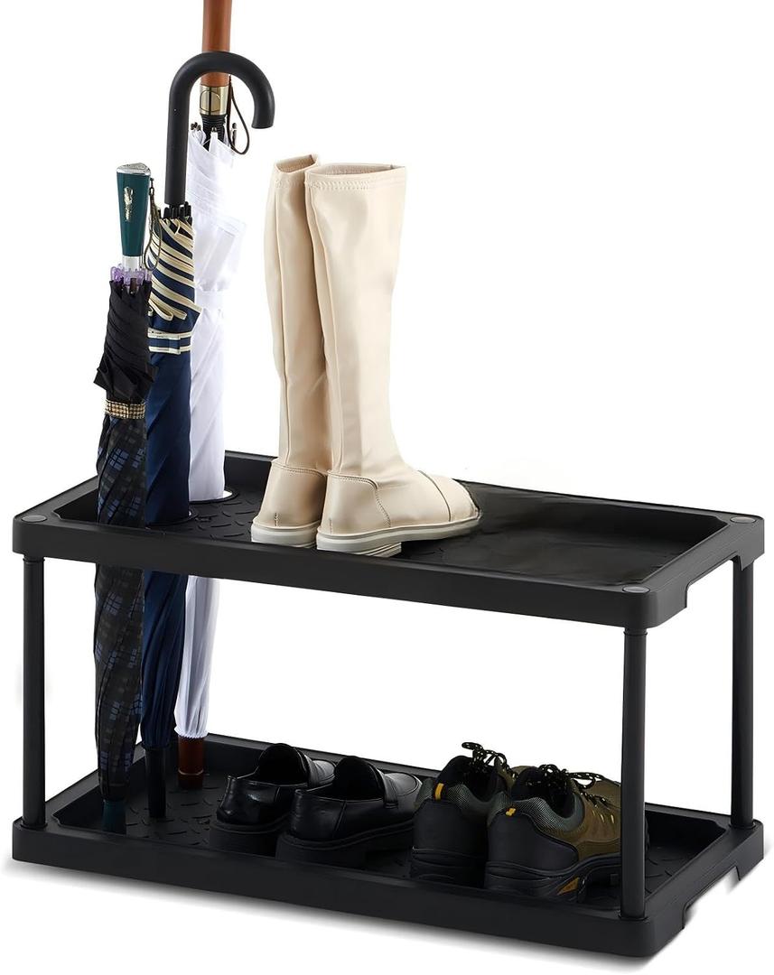 Cinnvoice 2 Tier Large Boot Tray with Umbrella Holder Plastic Shoe Rack Black Waterproof Boot Shoe Mat for Entryway All Weather Indoor Outdoor, 28 x 14.5 x 14.5 Inches