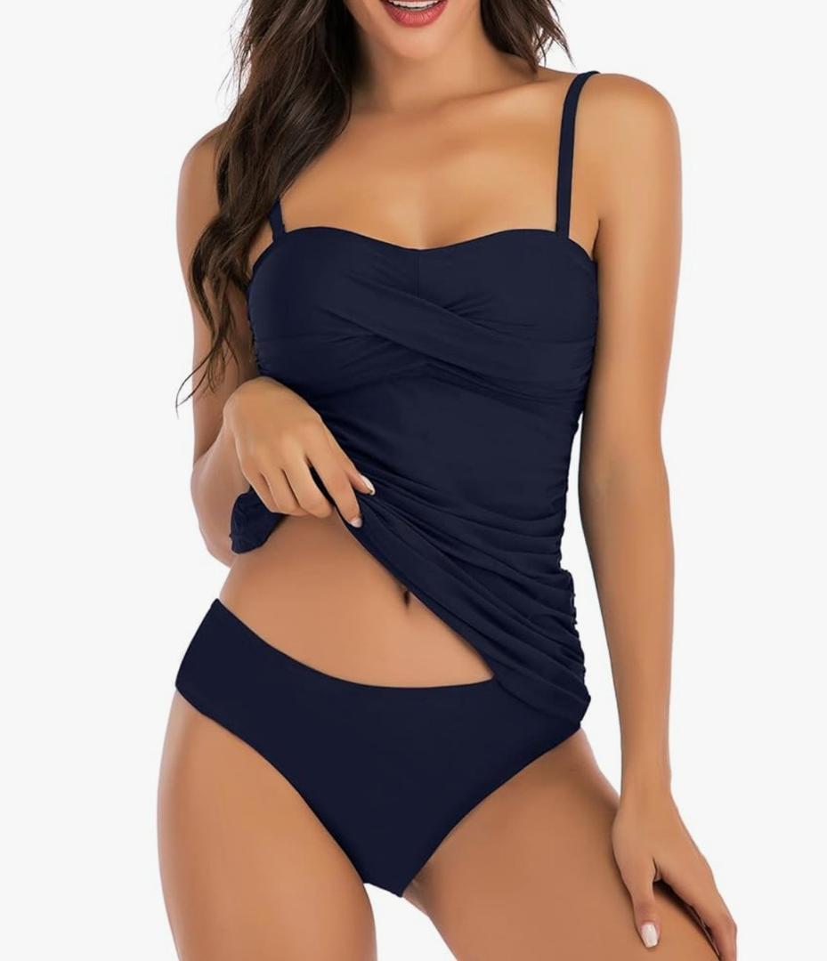 Women's Twist Front Bandeau Tankini Set Two Pieces Ruched Tummy Control Suimsuit with Mid Waist Briefs Large