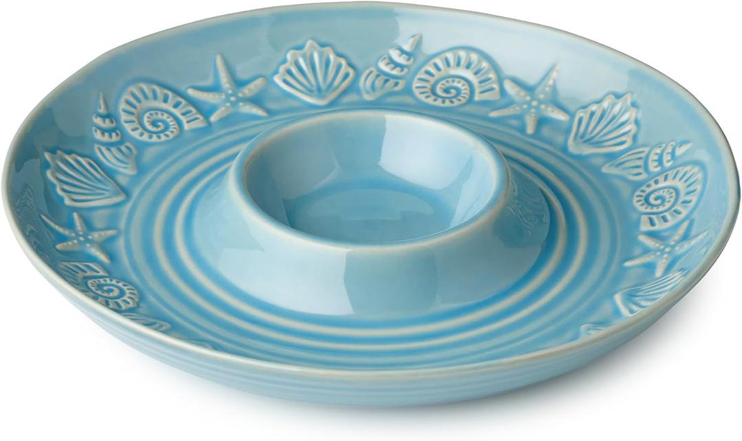Certified International Coastline Blue Stoneware CHIP N DIP SERVER 13.5 Inches, embossed coastal shell and starfish server with glossy sea-blue glaze, Large