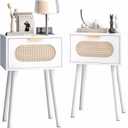 Nightstands Set of 2, Bedside Table with Rattan Door, Boho End Table with Solid Wood Legs for Bedroom, Living Room, Small Space Nightstands, White Color, HNS001W